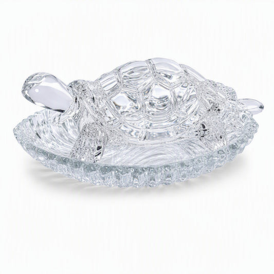 Crystal Tortoise with Leaf-Shaped Decorative Tray, Clear Turtle Showpiece for Home, Office and Gifting