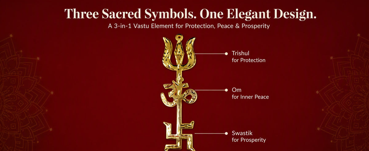 Large Tri Shakti Trishool with Om and Swastik for Main Door, Entrance, Pooja Room and Wall – Pack of 1