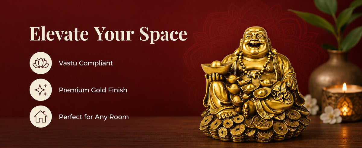Large Laughing Buddha on Coins Decorative Showpiece for Home, Office Desk, Living Room and Gifting
