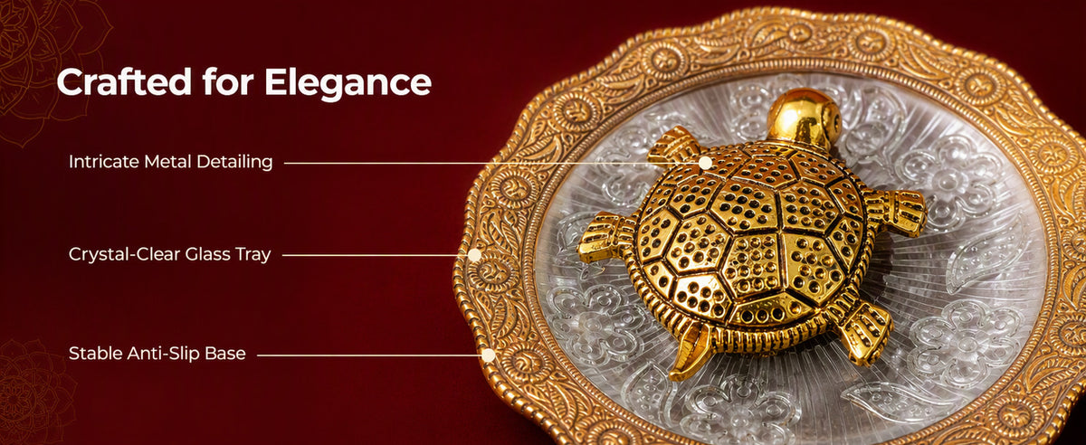 Metal Tortoise with Glass Tray, Decorative Turtle Showpiece for Home, Office Desk, Mandir and Gifting