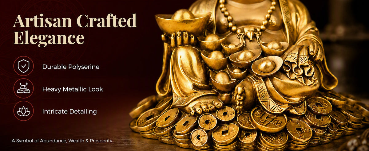 Large Laughing Buddha on Coins Decorative Showpiece for Home, Office Desk, Living Room and Gifting