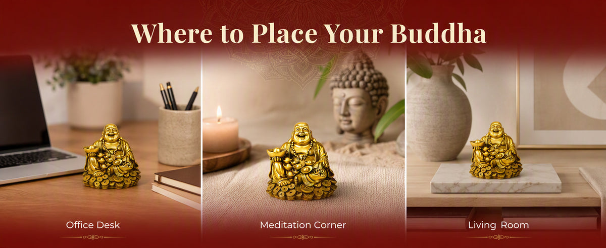 Large Laughing Buddha on Coins Decorative Showpiece for Home, Office Desk, Living Room and Gifting