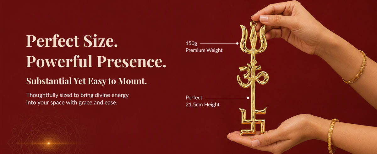 Large Tri Shakti Trishool with Om and Swastik for Main Door, Entrance, Pooja Room and Wall – Pack of 1