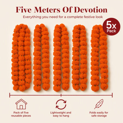 Orange Artificial Marigold Flower Garland for Mandir, Diwali, Wedding, Festival and Home Decoration 5 Piece (Orange)