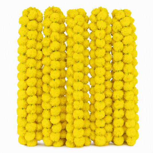Yellow Artificial Marigold Flower Garland for Mandir, Diwali, Wedding, Festival and Home Decoration 5 Piece (Yellow)