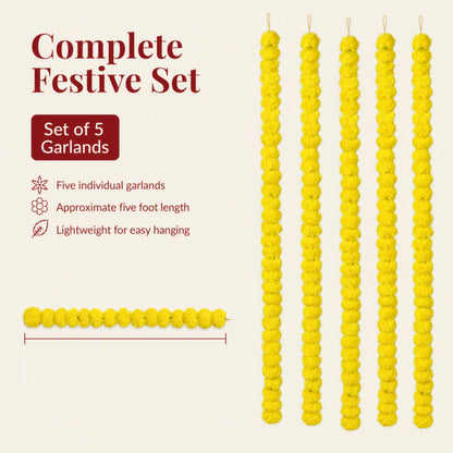 Yellow Artificial Marigold Flower Garland for Mandir, Diwali, Wedding, Festival and Home Decoration 5 Piece (Yellow)