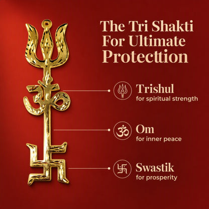 Large Tri Shakti Trishool with Om and Swastik for Main Door, Entrance, Pooja Room and Wall – Pack of 1