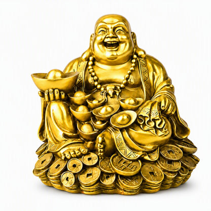 Large Laughing Buddha on Coins Decorative Showpiece for Home, Office Desk, Living Room and Gifting