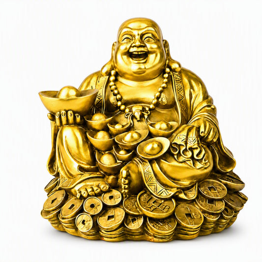 Large Laughing Buddha on Coins Decorative Showpiece for Home, Office Desk, Living Room and Gifting