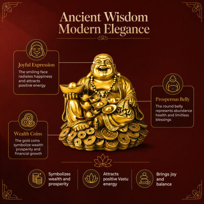 Large Laughing Buddha on Coins Decorative Showpiece for Home, Office Desk, Living Room and Gifting