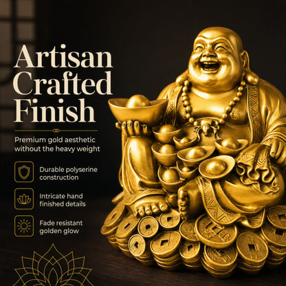 Large Laughing Buddha on Coins Decorative Showpiece for Home, Office Desk, Living Room and Gifting