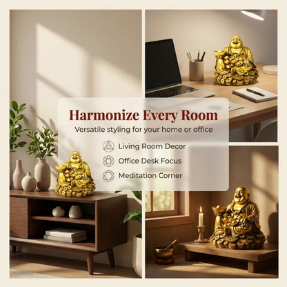 Large Laughing Buddha on Coins Decorative Showpiece for Home, Office Desk, Living Room and Gifting