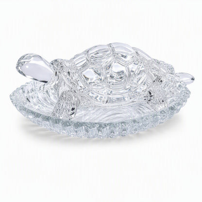 Crystal Tortoise with Leaf-Shaped Decorative Tray, Clear Turtle Showpiece for Home, Office and Gifting