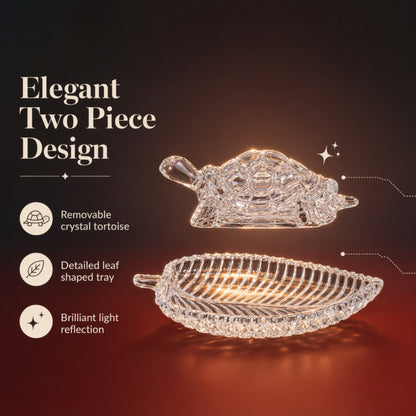 Crystal Tortoise with Leaf-Shaped Decorative Tray, Clear Turtle Showpiece for Home, Office and Gifting